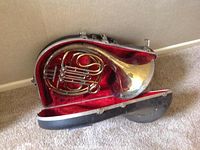 French horn resting inside the open case showing the instrument and red interior lining.