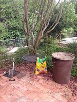 Photo showing black wrought iron round table, metal grill items, yellow bag of potting mix, and large brown plastic trash can on patio area under tree.