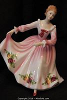Front view of the Royal Doulton Elegant Rose porcelain figurine showing detailed pink dress with floral rose patterns and facial expression.