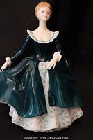 Front view of the Royal Doulton porcelain figurine, showing the woman in a dark green dress holding the outer skirt.