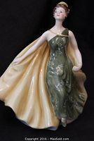 Front view of Royal Doulton Alexandra figurine showing green dress with floral patterns and yellow cape
