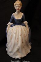 Front view of Royal Doulton porcelain figurine showing detailed facial features, blue bodice, and white skirt with pink floral patterns.