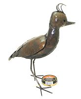 Full view of welded lapwing bird sculpture standing beside a shoe polish tin for size reference; the sculpture shows intricate metal craftsmanship with natural rust patina.