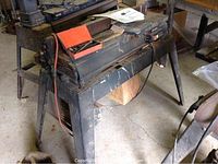 Full view of Sears Craftsman jointer/planer on stand with toolbox on top and workshop background.