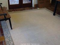 Full view of area rug showing cream center and floral patterned border laid on tile floor.