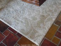 Close-up photo of a light beige area rug with visible leaf and floral patterns next to tile floor.