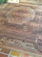 Full view of Antique Treasures Venice Topaz area rug showing overall colors and pattern in earth tones with floral and curved motifs.