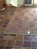 Image showing the full view of rectangular area rug on tiled floor, highlighting the pattern and condition.