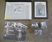 Framed New York Times newspaper dated April 15, 1861 along with Elvis Presley collectible cards and vintage photographs.