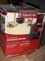 Front view of EdenPURE heater box showing brand, model as Original Infrared Heater, and specifications like heating up to 350 sq. ft.