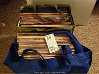 Two bags filled with vinyl records, one green and one blue, showing a large mixed collection of albums.