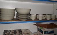 Wide view showing 15 soup bowls stacked, 10 bread and butter plates stacked, 8 teacups in a row on a shelf.