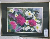 Framed floral watercolour painting with pink and white flowers, green foliage, and gold metal frame.