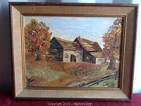 Front view of the original rustic landscape painting showing a cabin and autumn trees in a wooden frame.
