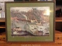 Full view of framed primitive print showing detailed rural landscape with buildings and animals.