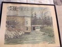 Overall framed print showing watermill and river by Ben Babelovski near Chaffey Locks.