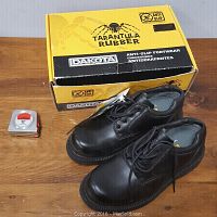 Pair of black Dakota lace-up shoes in front of their yellow and black Dakota box with Tarantula rubber anti-slip branding.
