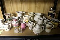 Wide shot of entire lot showing assortment of 17 jugs, pitchers, salt and pepper shakers, and a beer stein arranged on a shelf.