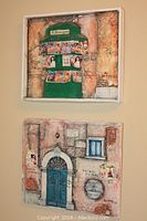 Both mixed media wall hangings displayed on a wall, showing their size and framing.