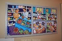 Full view of five-panel oil painting with grey border