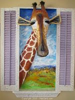Front view of large mixed media 3D giraffe wall art with lavender shutters and white crackled frame
