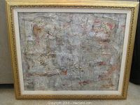 Full front view of signed mixed media painting in gold-tone ornate frame