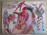 Full frontal view of mixed media artwork in silver metal frame