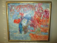 Full view of the framed encaustic painting by Lois Eaton Dollin titled Flowers No. 4, showing abstract floral forms in pastel colors.