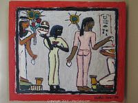 Front view of Leslie Lew signed sculpted oil painting on canvas with a red border, depicting stylized figures and abstract symbols.