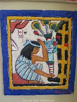 Full view of Leslie Lew signed sculpted oil painting on canvas with Egyptian inspired figure and colorful floral motif framed by borders.