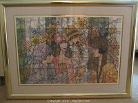 Framed Richard Taicher print with people and floral mosaic design, showing wear on frame.