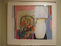 Full image of the framed watercolor artwork showing the basket of fruits and ceramic container.