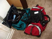Set of bags arranged on floor showing large red rolling bag, medium green duffel bag, black small bags, and purses.