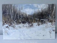 Front view of the original oil painting showing the full winter landscape scene with snow, trees, and sky.