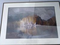 Framed landscape print showing misty, reflective lake scene with trees by AJ Casson, Group of Seven.
