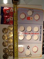 Photo showing 10 gold-toned hockey medallions placed in a cardboard holder shaped like a hockey rink measuring approximately 12 x 7 inches with cutouts.