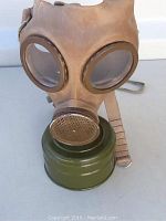 Front view of an authentic military-style gas mask with clear lenses and attached green filter canister.