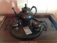 Full coffee set on tray photographed from above showing entire set of coffee pot, sugar bowl, creamer, on round tray