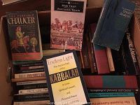 Photo showing assorted books including The Portable Chaucer, Mark Twain, Endless Light Kabbalah, and The Dream Analysis.