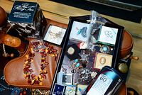 Photo of assorted jewelry spread on table including pins, brooches, rings, a beaded necklace, two ring trees, and the United Airlines travel can.