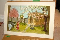 Full view of artwork showing Japanese tea house in garden with a woman in red kimono, stone steps, blossoming trees and a garden lantern.