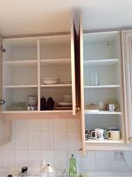 Open kitchen cabinet showing shelves with plates, bowls, mugs, demi tassi cups, salt and pepper shakers arranged on shelves.