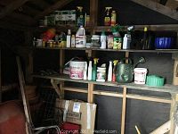 Shelves with assorted garden chemicals, sprays, watering cans, and containers in storage shed corner