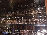 Shelf with multiple rows of wine glasses, both white and red varieties, clear glass.
