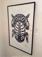 Full front view of the framed black and white rice paper artwork depicting a stylized creature, signed C.B. Greul in lower right.