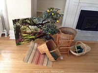 Wide shot of entire lot including canvas print, artificial lemon tree in basket, assorted baskets, and rug on wooden floor in front of fireplace.