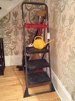Black metal Cosco step ladder with three steps and red tray, with a yellow watering can resting on one step, with two brooms behind.
