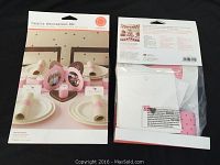 Front and back of the hearts decoration kit package, showing contents and setup example