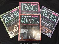 Four hardcover books with dust jackets, each covering a different time period of 20th-century media history (20s & 30s, 40s & 50s, 60s, 70s & 80s). Covers have distinctive colors and vintage imagery related to communications and media.
