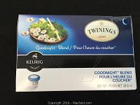 Front view of a Twinings Goodnight Blend Keurig box showing branding, flavor description, and 12 count.